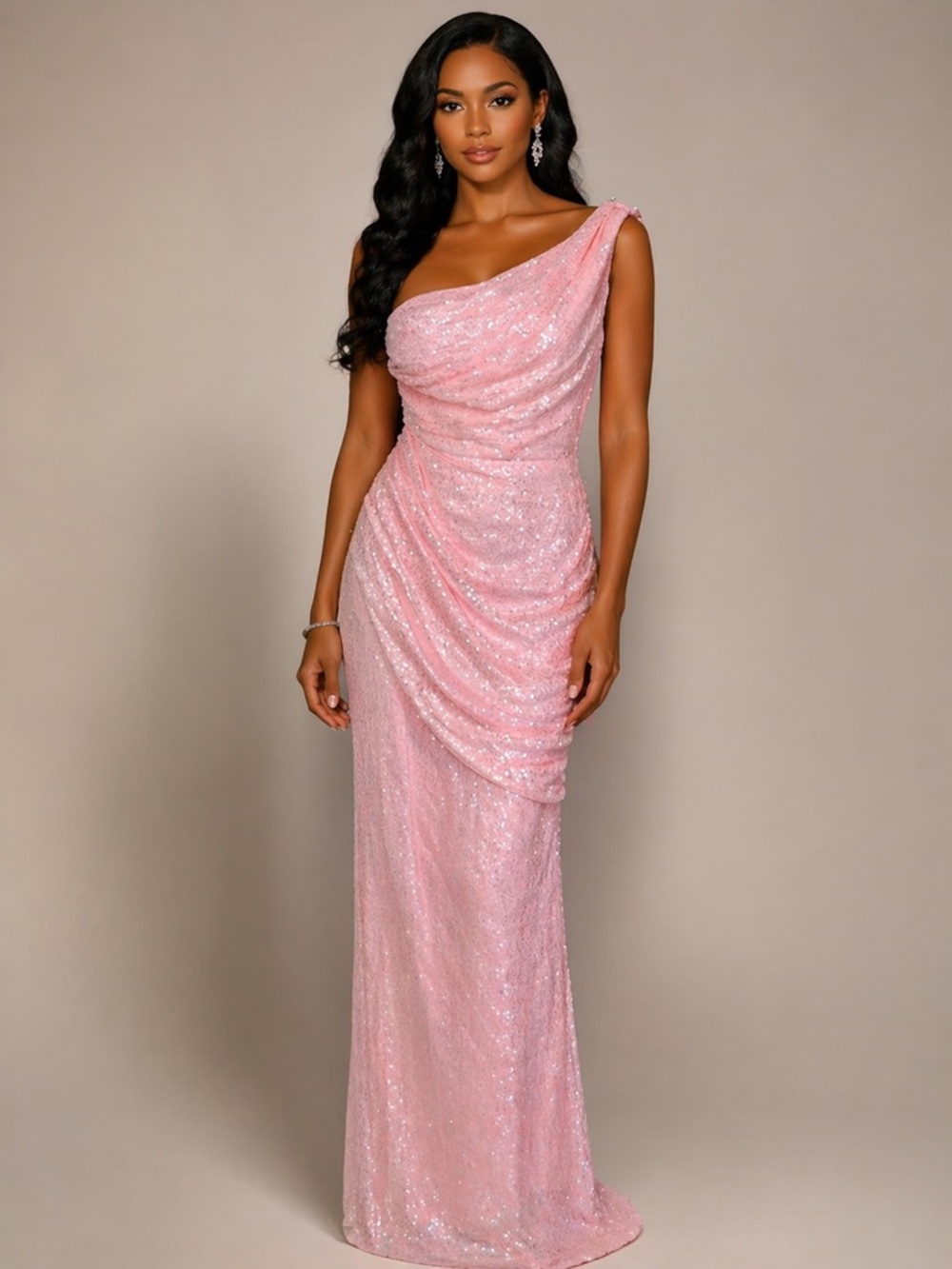 FAERIESTY Elegant One-Shoulder Pink Sequin Evening Gown NWT SIZE 10 Prom
